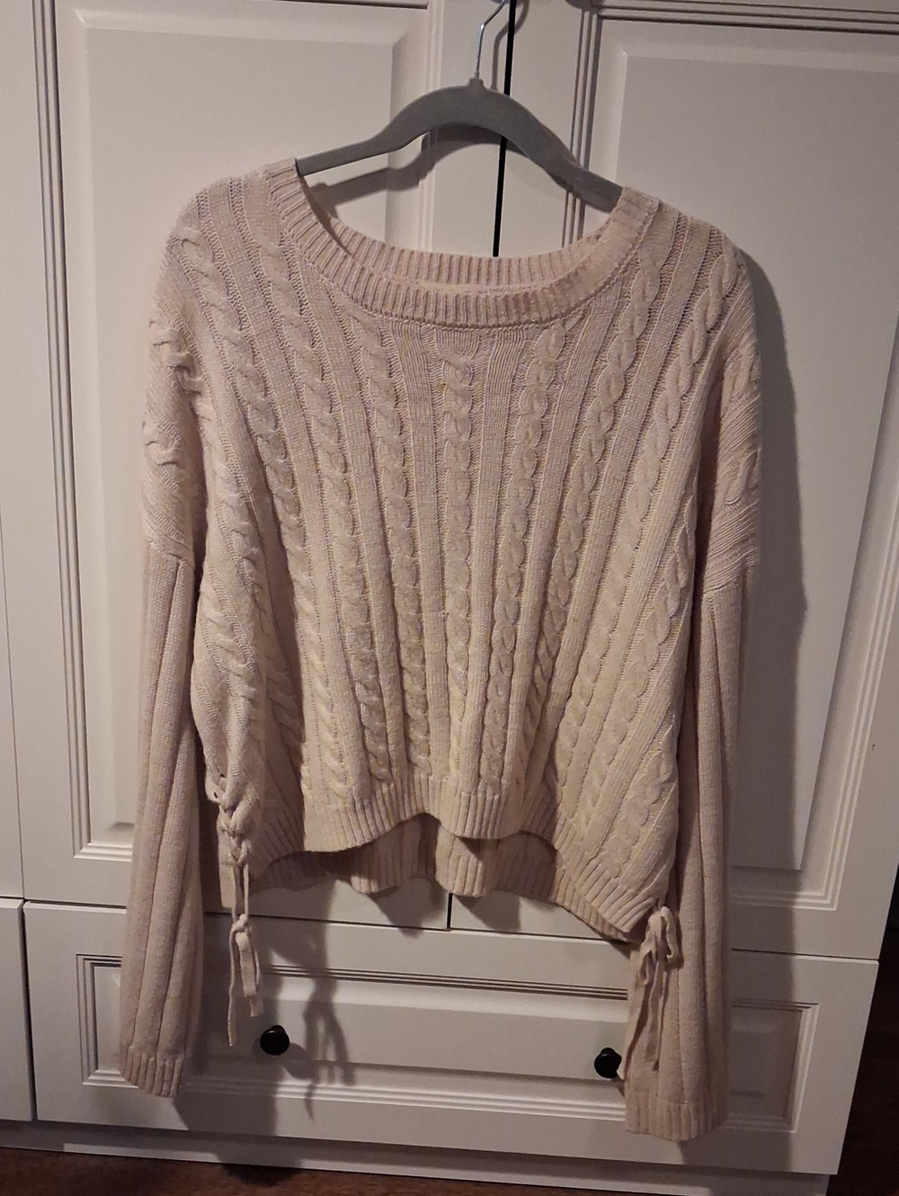It's Our Time Cream Cable-Knit Crewneck Sweater with Sleeve Ties